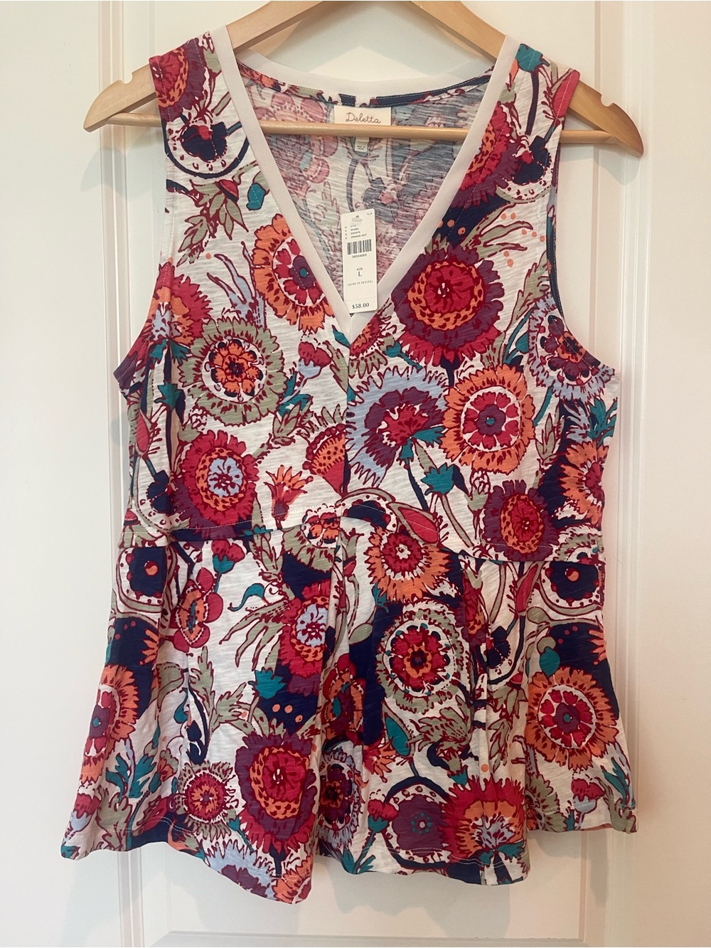 Deletta Floral V-Neck Peplum Tank Top - Red, Teal, Orange